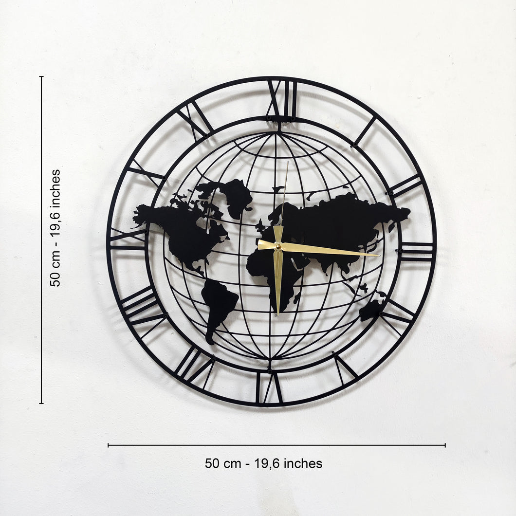 Dünya Haritalı Metal Duvar Saati